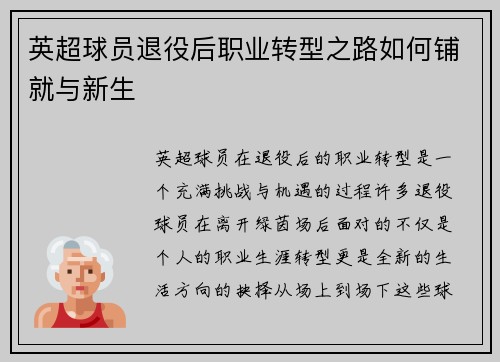 英超球员退役后职业转型之路如何铺就与新生 英超球员退役后职业转型之路如何铺就与新生
