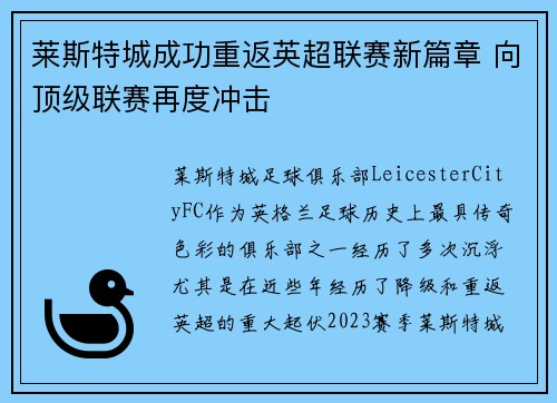 莱斯特城成功重返英超联赛新篇章 向顶级联赛再度冲击