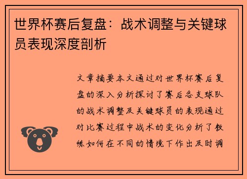 世界杯赛后复盘：战术调整与关键球员表现深度剖析