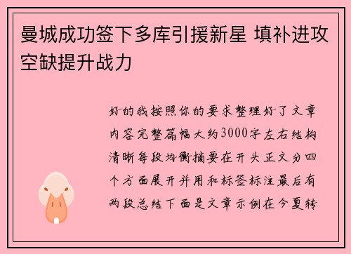 曼城成功签下多库引援新星 填补进攻空缺提升战力 曼城成功签下多库引援新星 填补进攻空缺提升战力