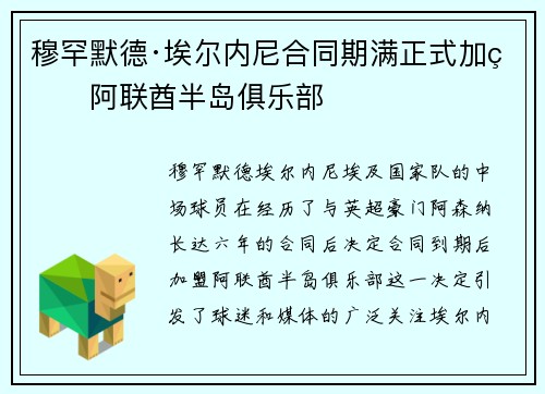 穆罕默德·埃尔内尼合同期满正式加盟阿联酋半岛俱乐部